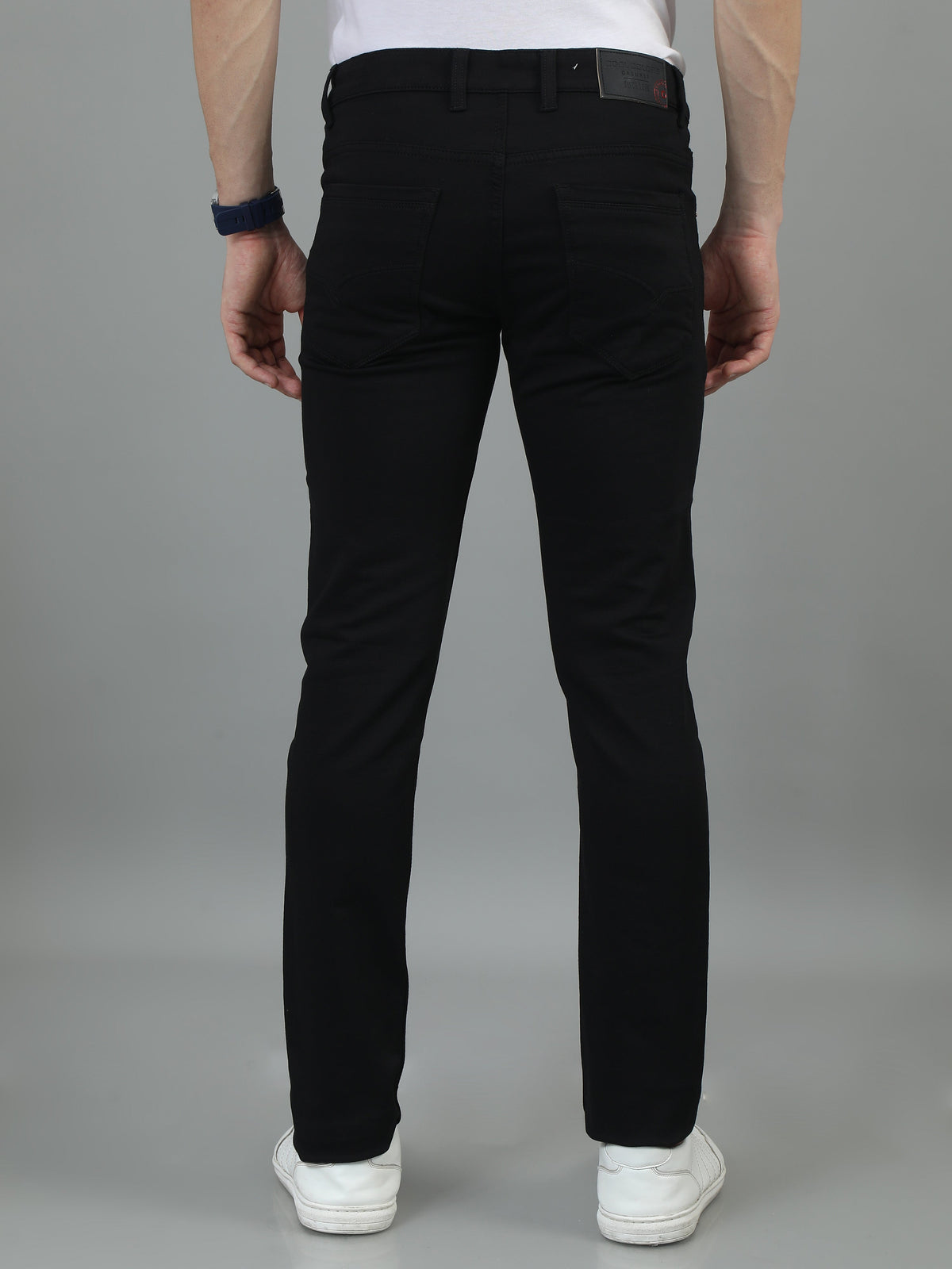 Men Navy Narrow Fit Solid Lycra Casual Trousers