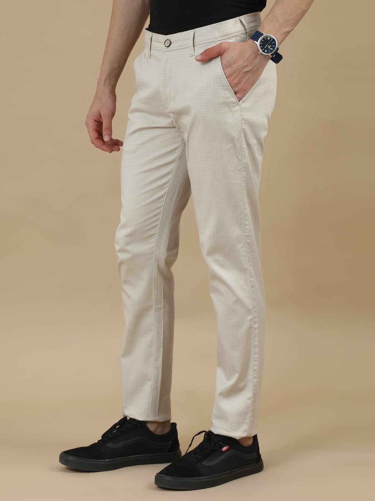 Men Cream Ankle Fit Printed Lycra Casual Trousers