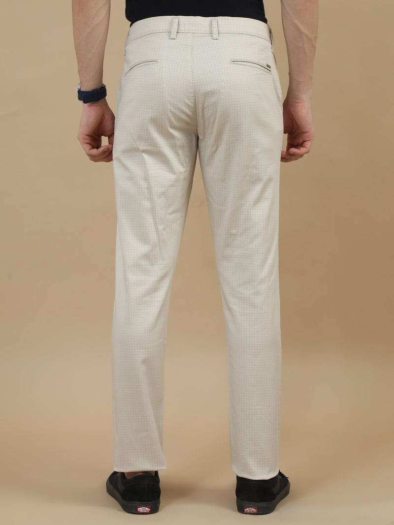 Men Cream Ankle Fit Printed Lycra Casual Trousers