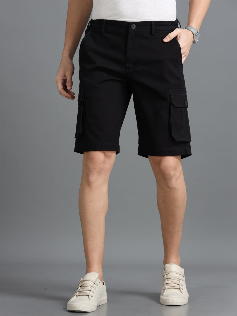 Men Black Solid Relaxed Fit Gap Twill Lycra Cargo Shorts