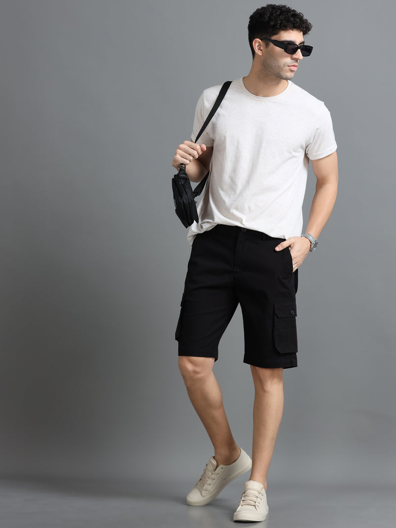 Men Black Solid Relaxed Fit Gap Twill Lycra Cargo Shorts