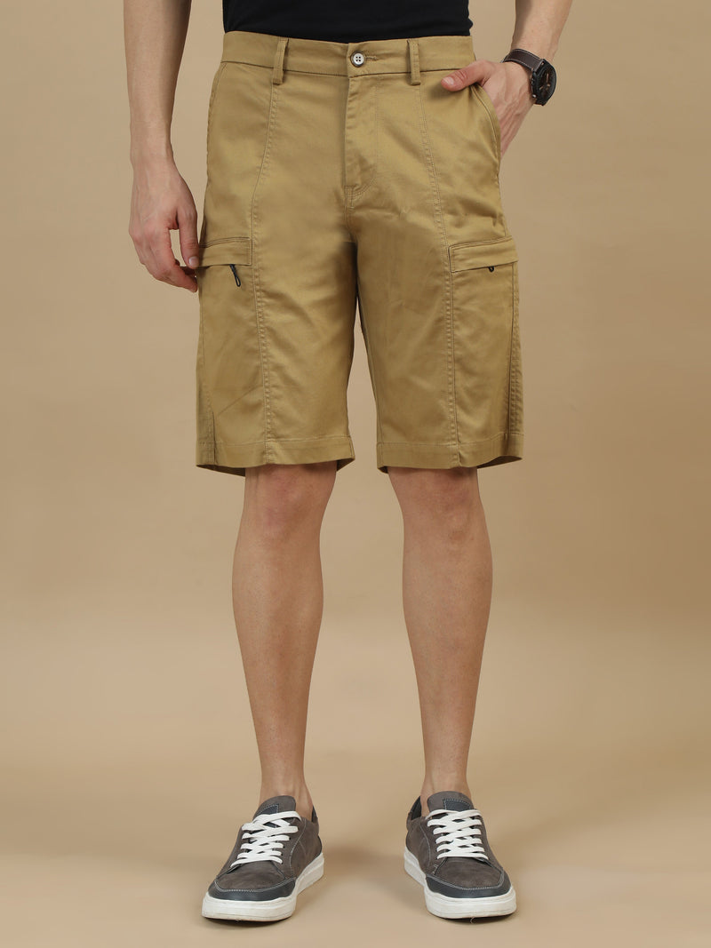 Men Khaki Solid Relaxed Fit Lycra Cargo Shorts