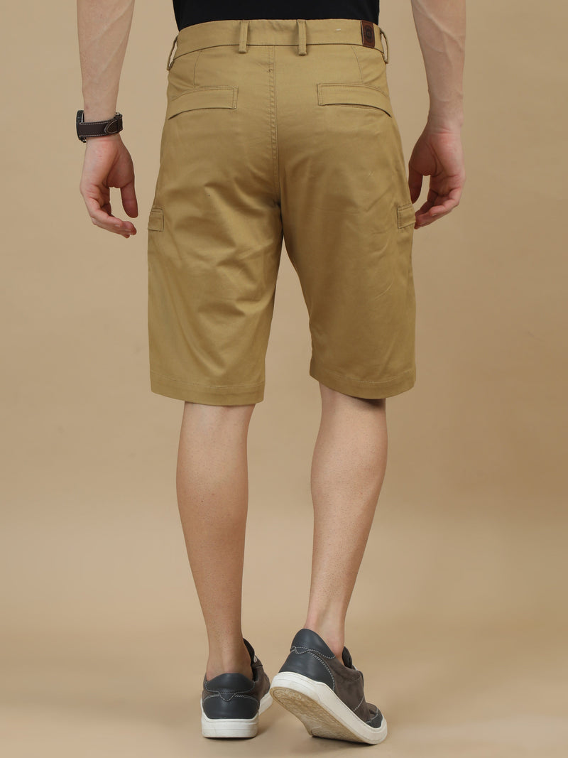 Men Khaki Solid Relaxed Fit Lycra Cargo Shorts