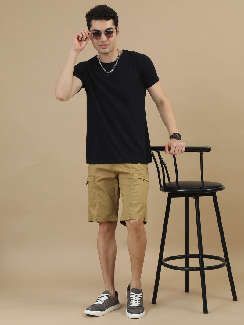 Men Khaki Solid Relaxed Fit Lycra Cargo Shorts