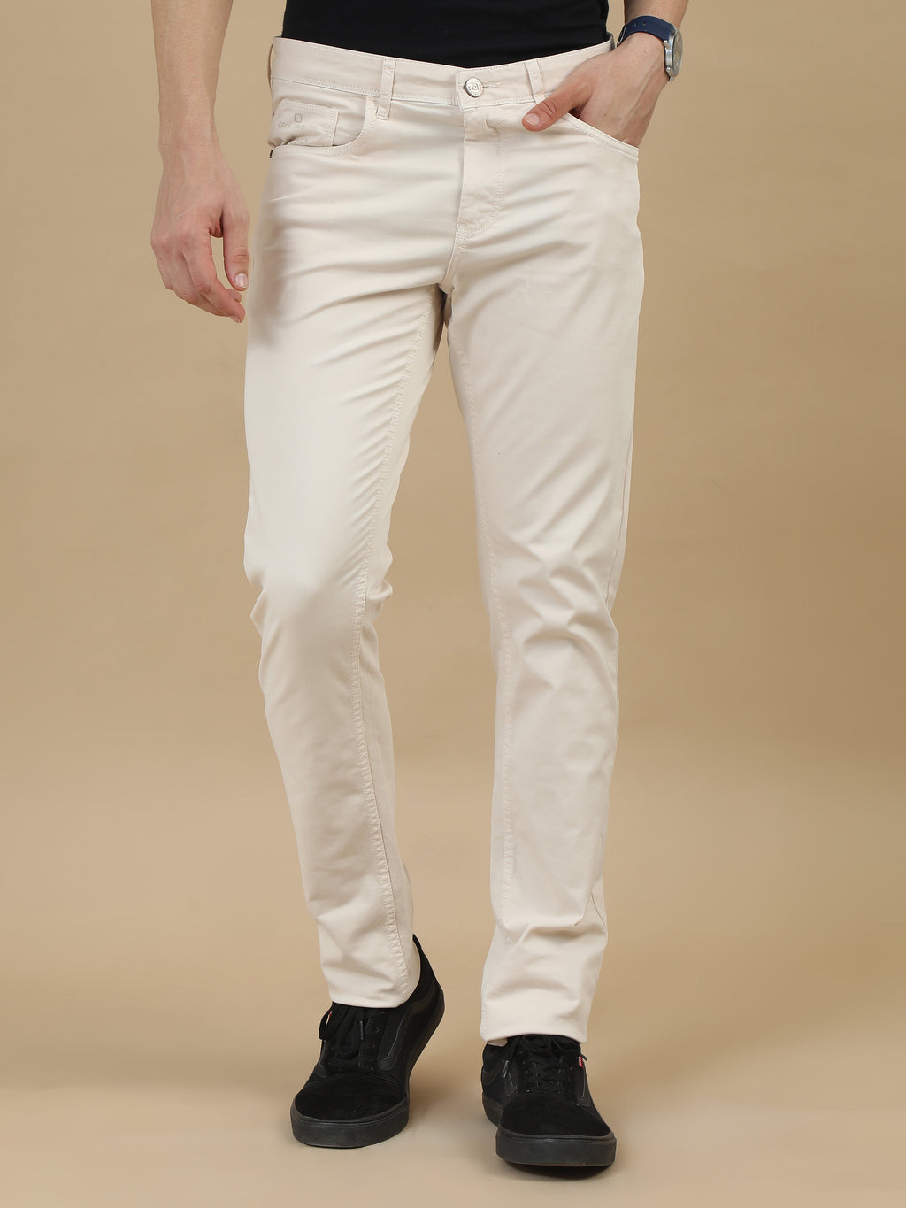 Buy Men Cream Narrow Fit RFD Solid Casual Trousers Online
