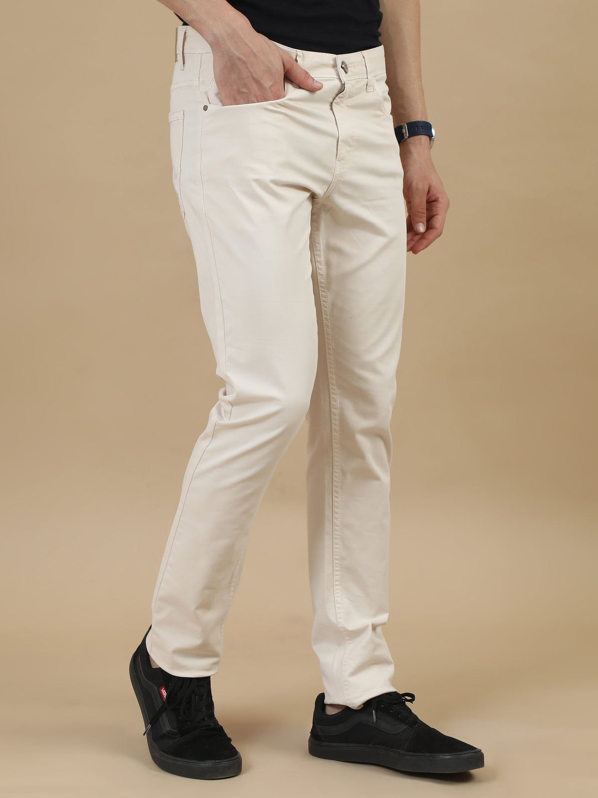 Men Cream Narrow Fit RFD Solid Casual Trousers