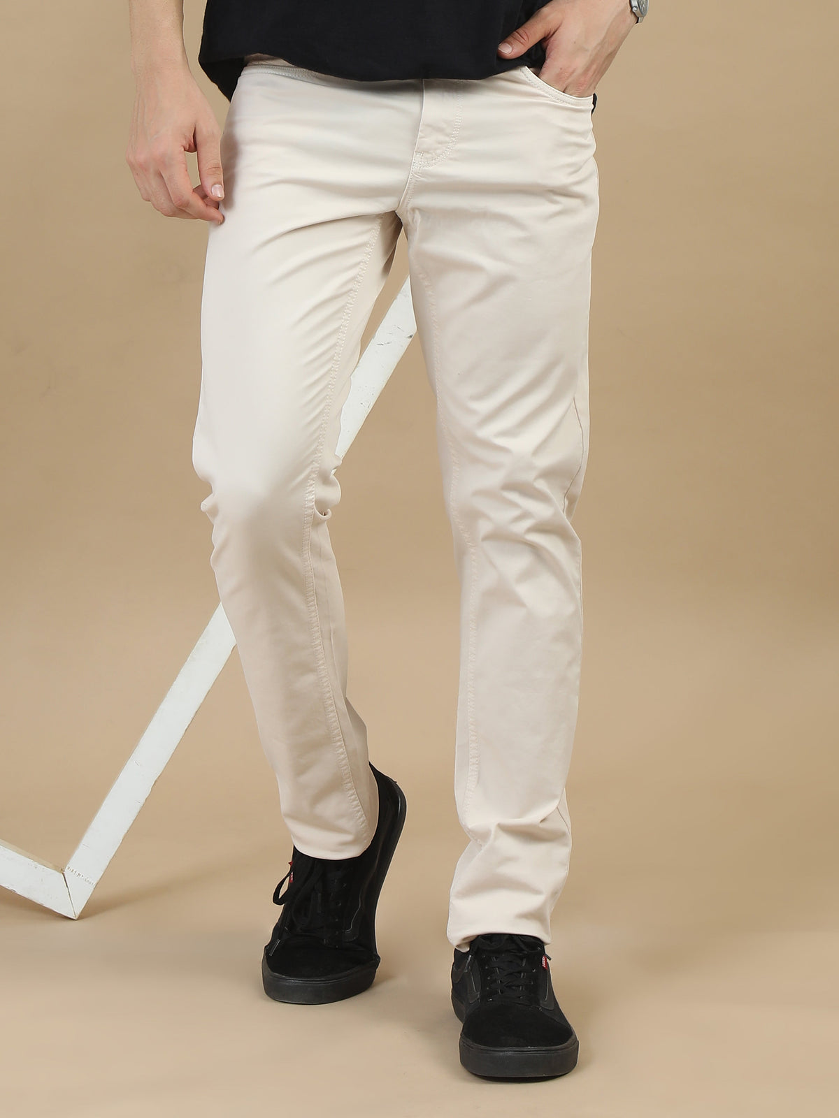 Men Cream Narrow Fit RFD Solid Casual Trousers