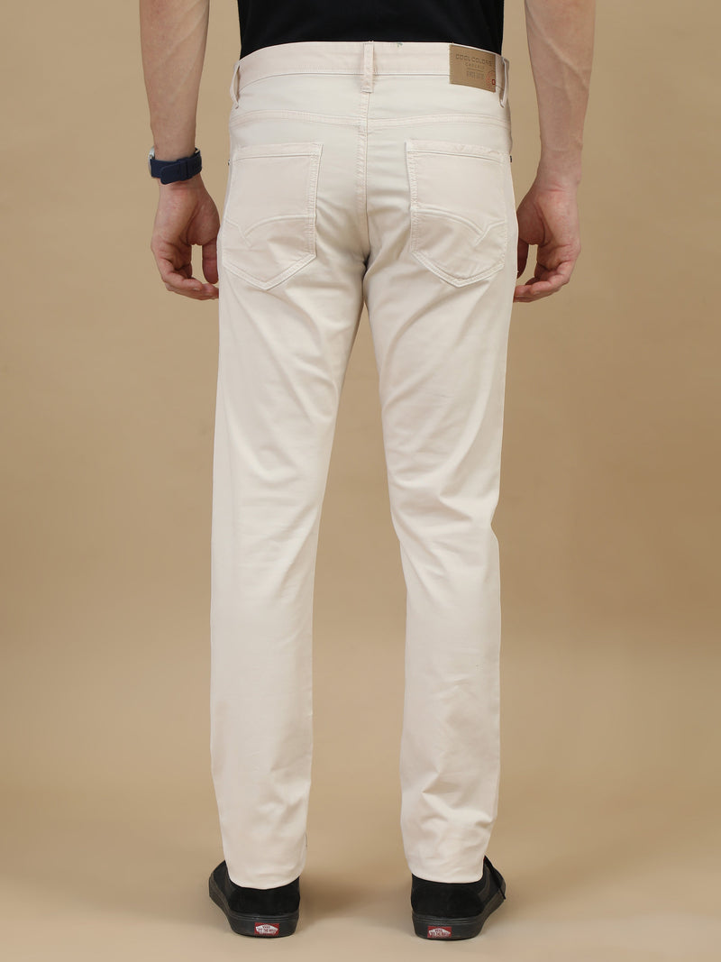 Men Cream Narrow Fit RFD Solid Casual Trousers