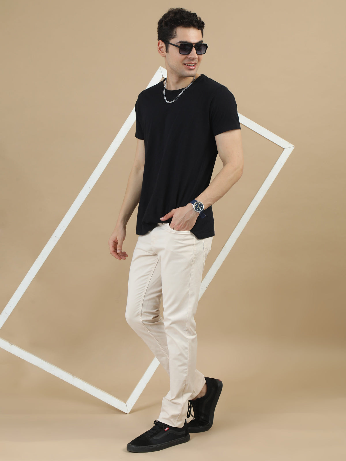 Men Cream Narrow Fit RFD Solid Casual Trousers