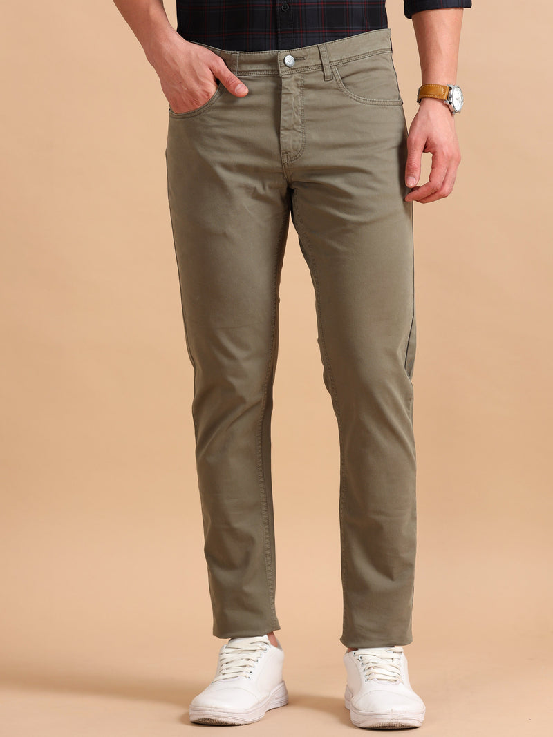 Men Olive Narrow Fit RFD Solid Casual Trousers