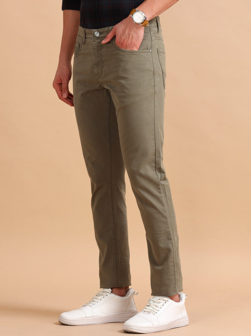 Men Olive Narrow Fit RFD Solid Casual Trousers