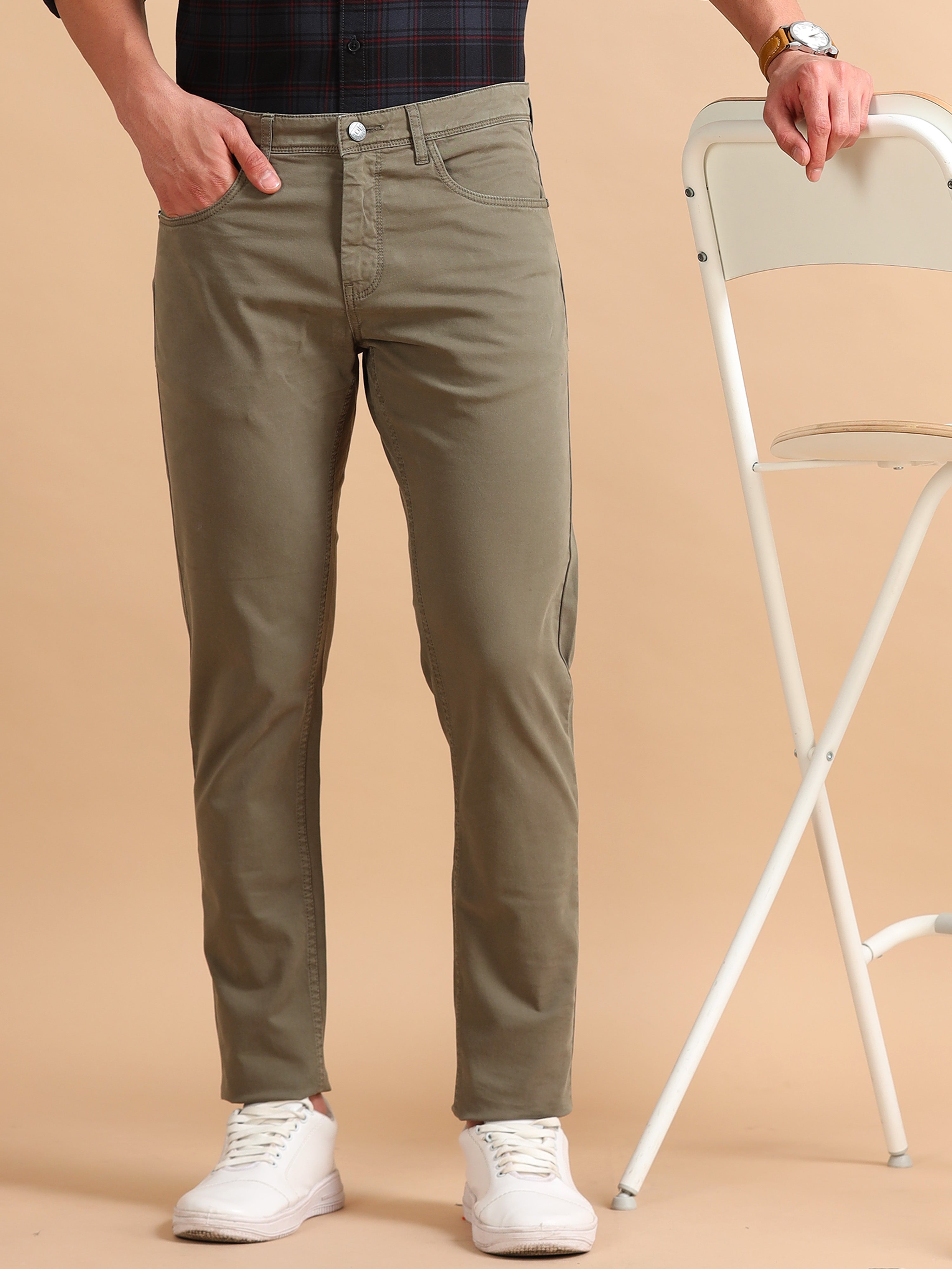 Buy Men Olive Narrow Fit RFD Solid Casual Trousers Online