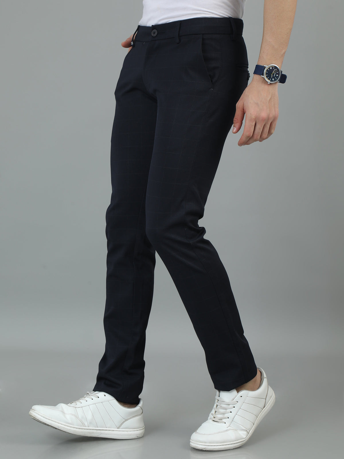 Men Navy Narrow Fit 4 Way Lycra Checks Casual Trousers