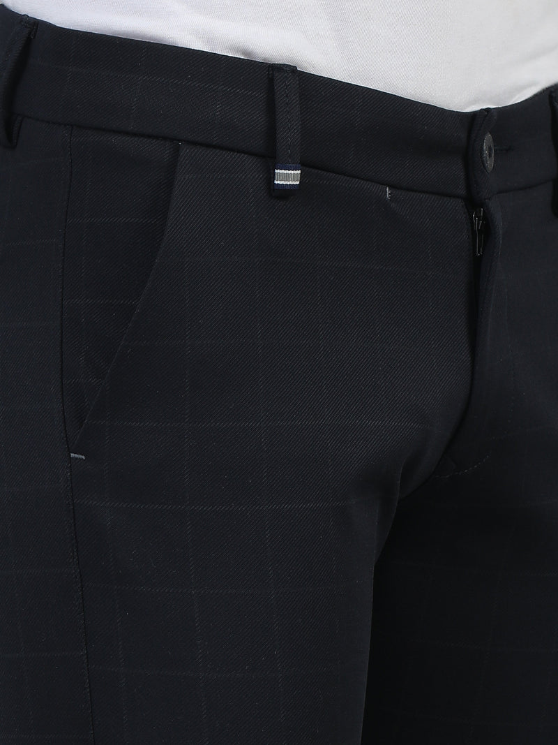 Men Navy Narrow Fit 4 Way Lycra Checks Casual Trousers