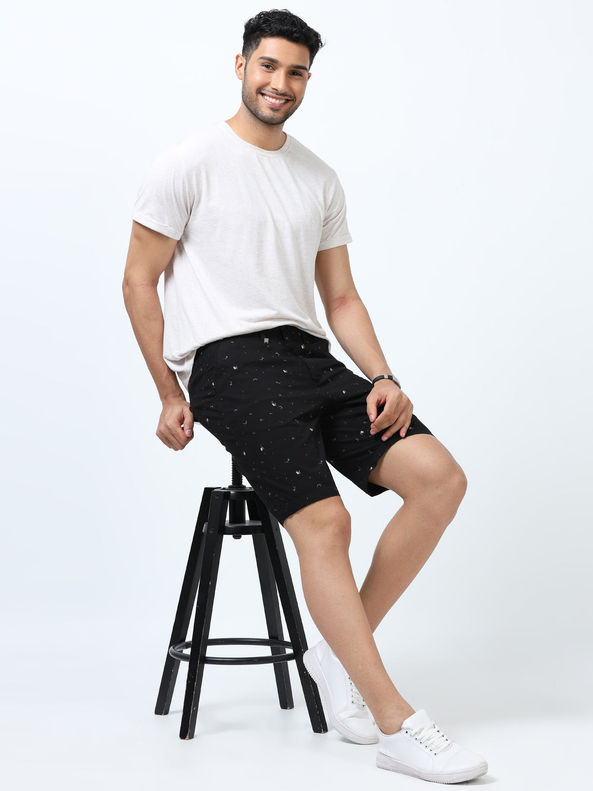 Men Black Relaxed Fit Satin Printed Shorts