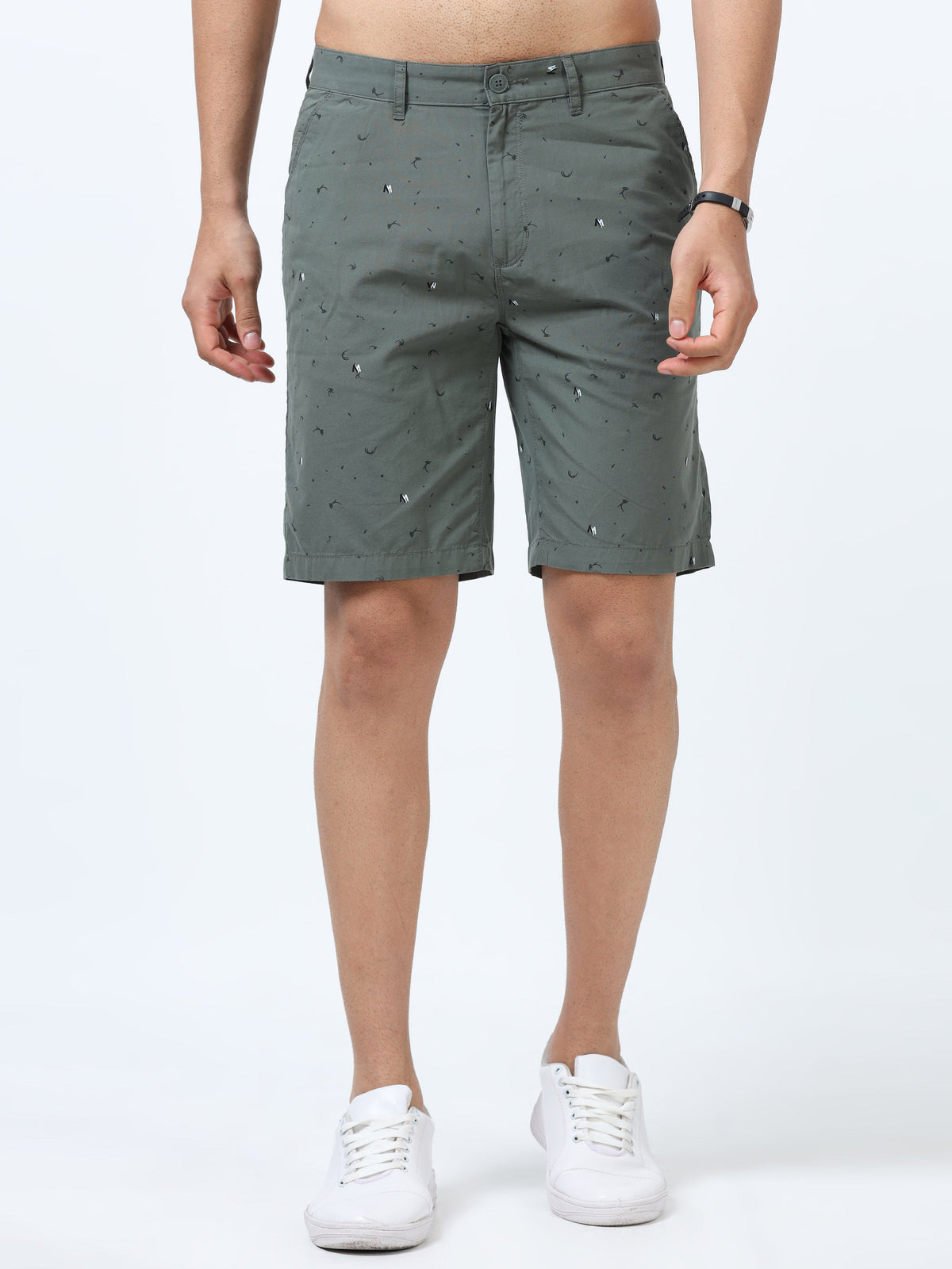 Men Olive Satin Printed Relaxed Fit Shorts