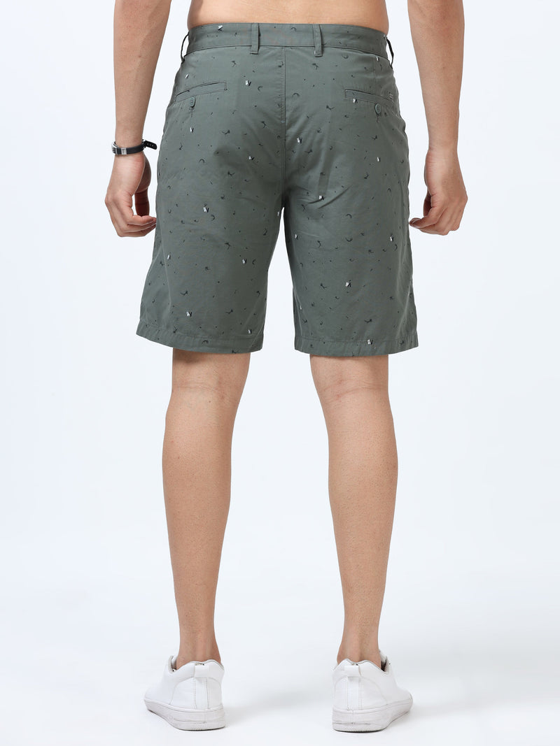 Men Olive Satin Printed Relaxed Fit Shorts