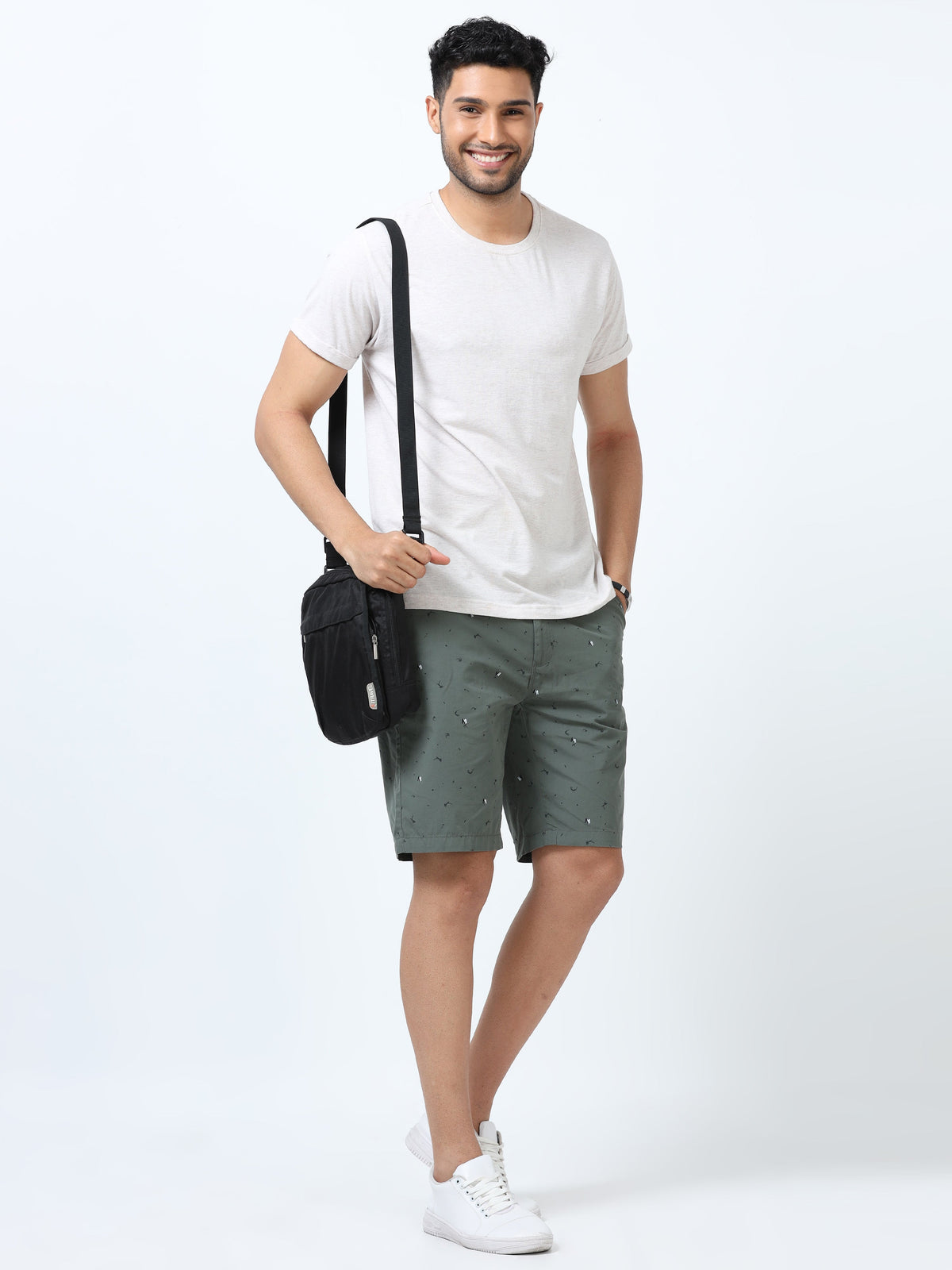 Men Olive Satin Printed Relaxed Fit Shorts