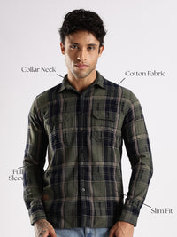 Olive Turquoise Textured Checks Slim Fit Double Pocket Full Sleeve Shirt