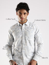 White Abstract Floral Print Slim Fit Full Sleeve Shirt