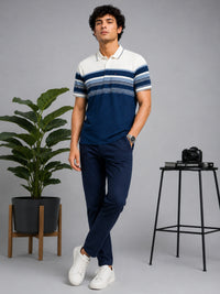 Men Blue Slim Fit Striped Polo Collar Casual T-Shirt with Chest Pocket