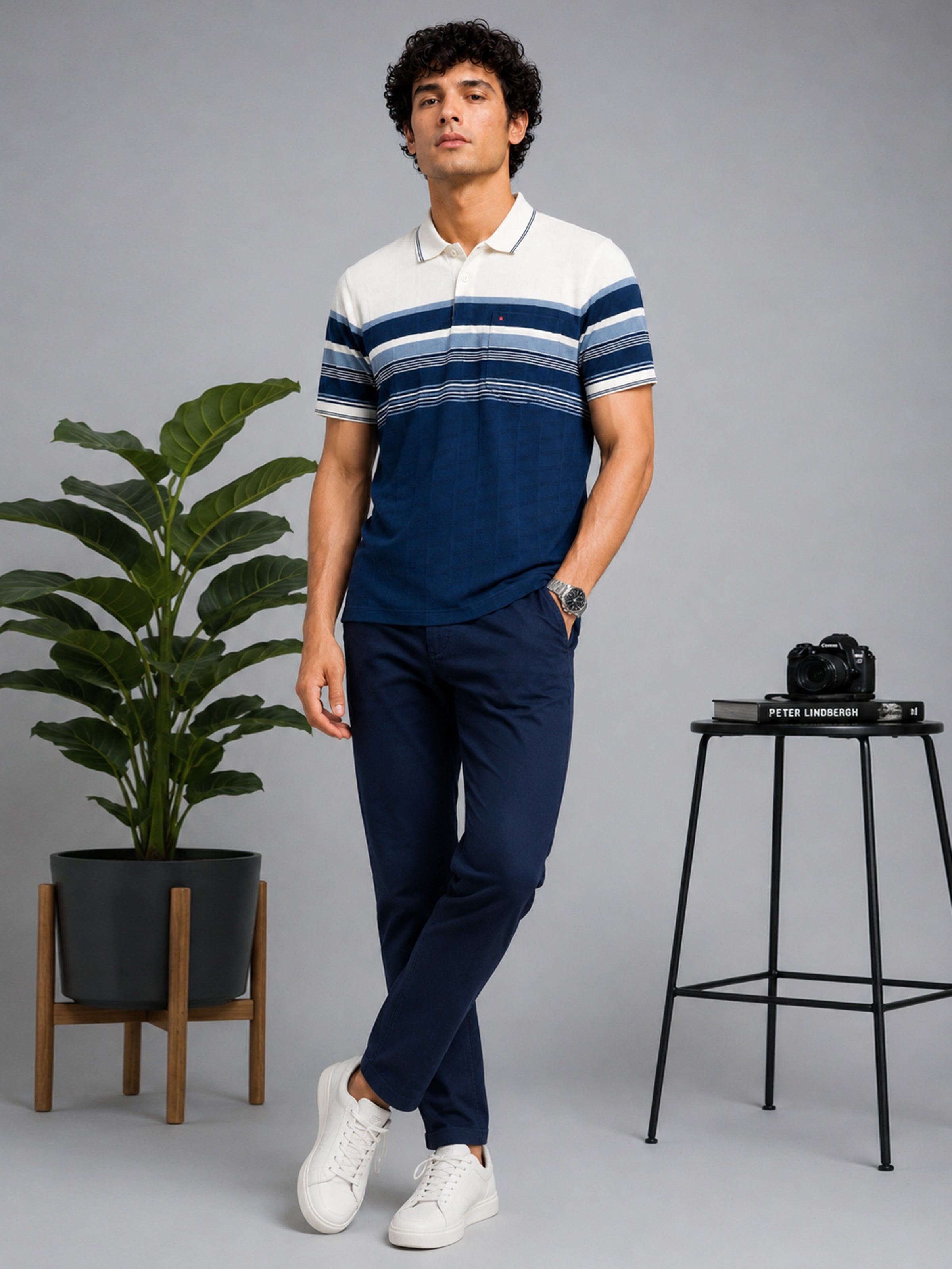 Men Blue Slim Fit Striped Polo Collar Casual T-Shirt with Chest Pocket