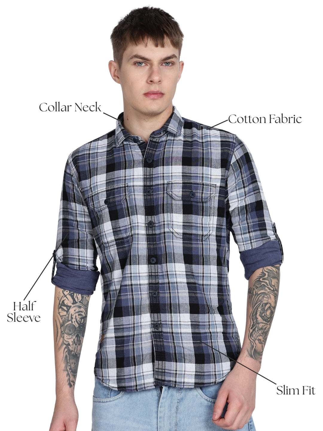 Navy Madras Checked Double Pocket Shirt