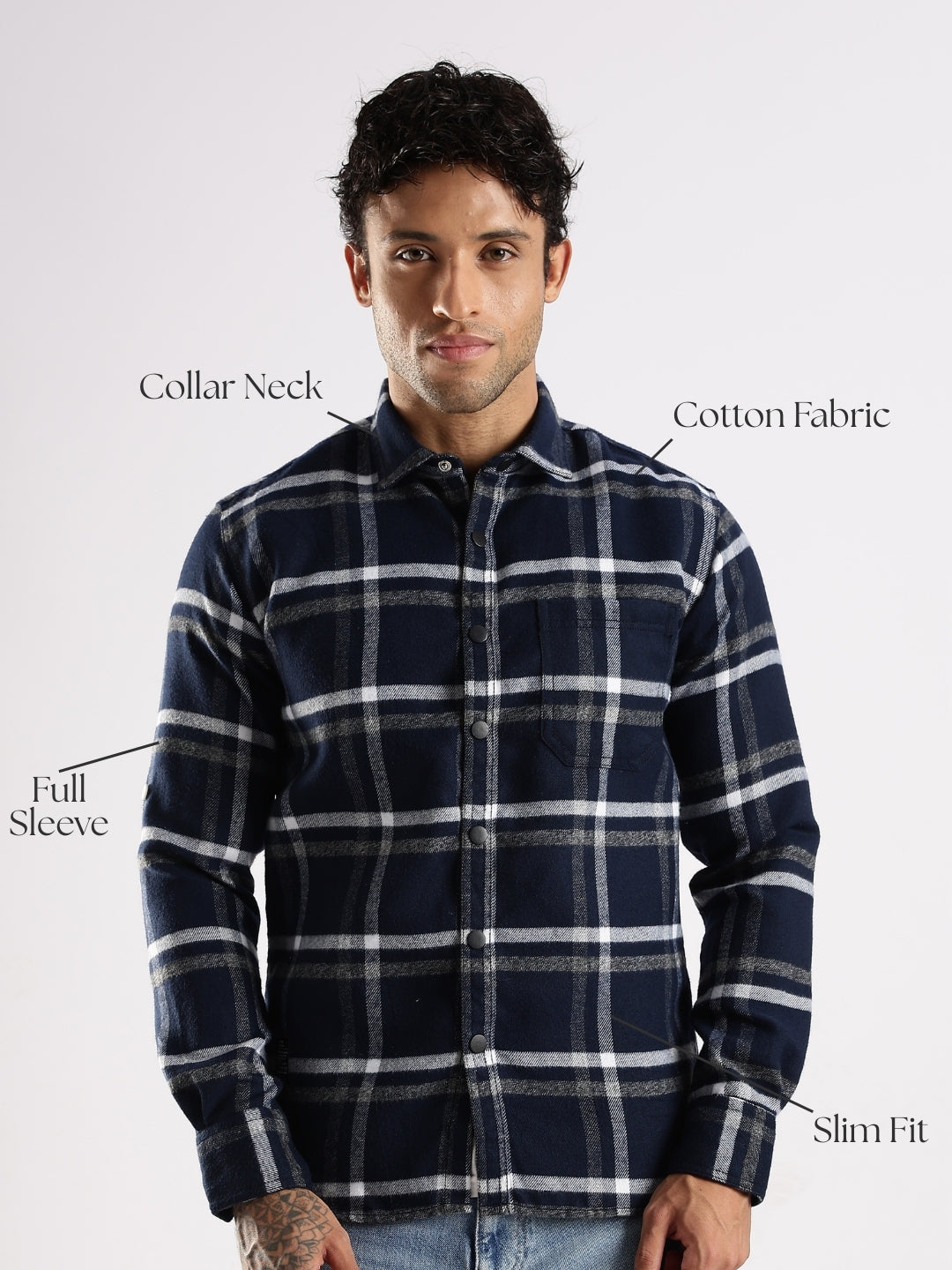 Men Navy Cotton Slim Fit Full Sleeve Checkered Shirt