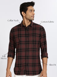 Men Brown Vintage Checks Full Sleeve Slim Fit Casual Shirts