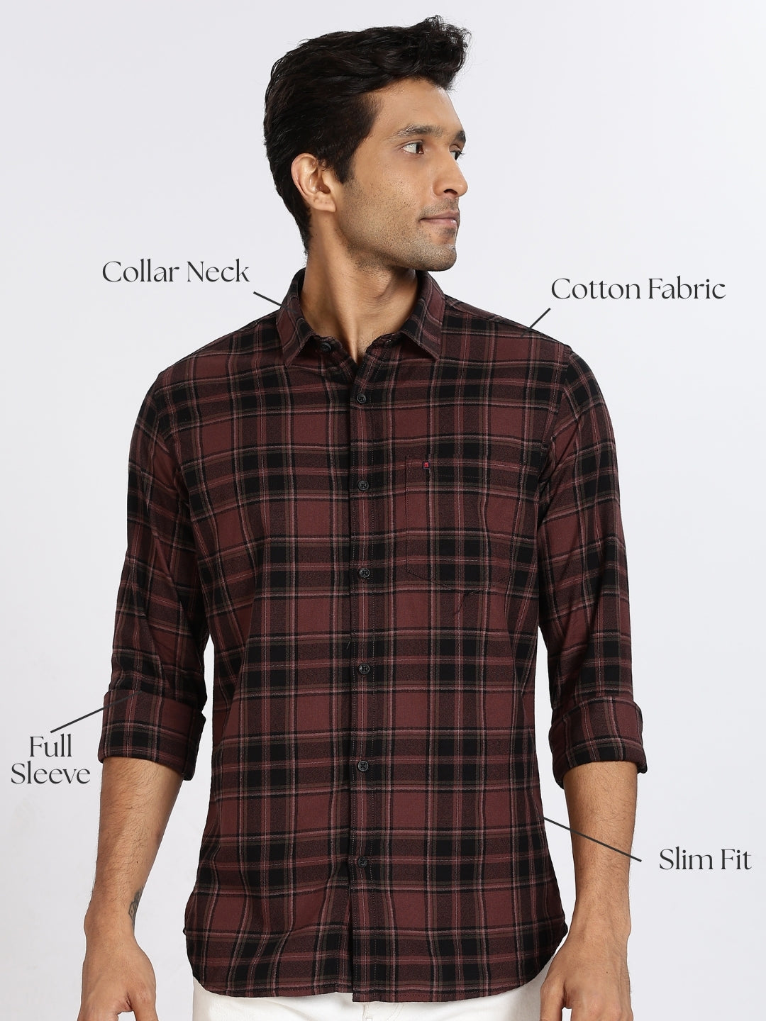 Men Brown Vintage Checks Full Sleeve Slim Fit Casual Shirts
