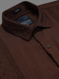Men Brown Slim Fit Embroidered Full Sleeve Casual Shirt