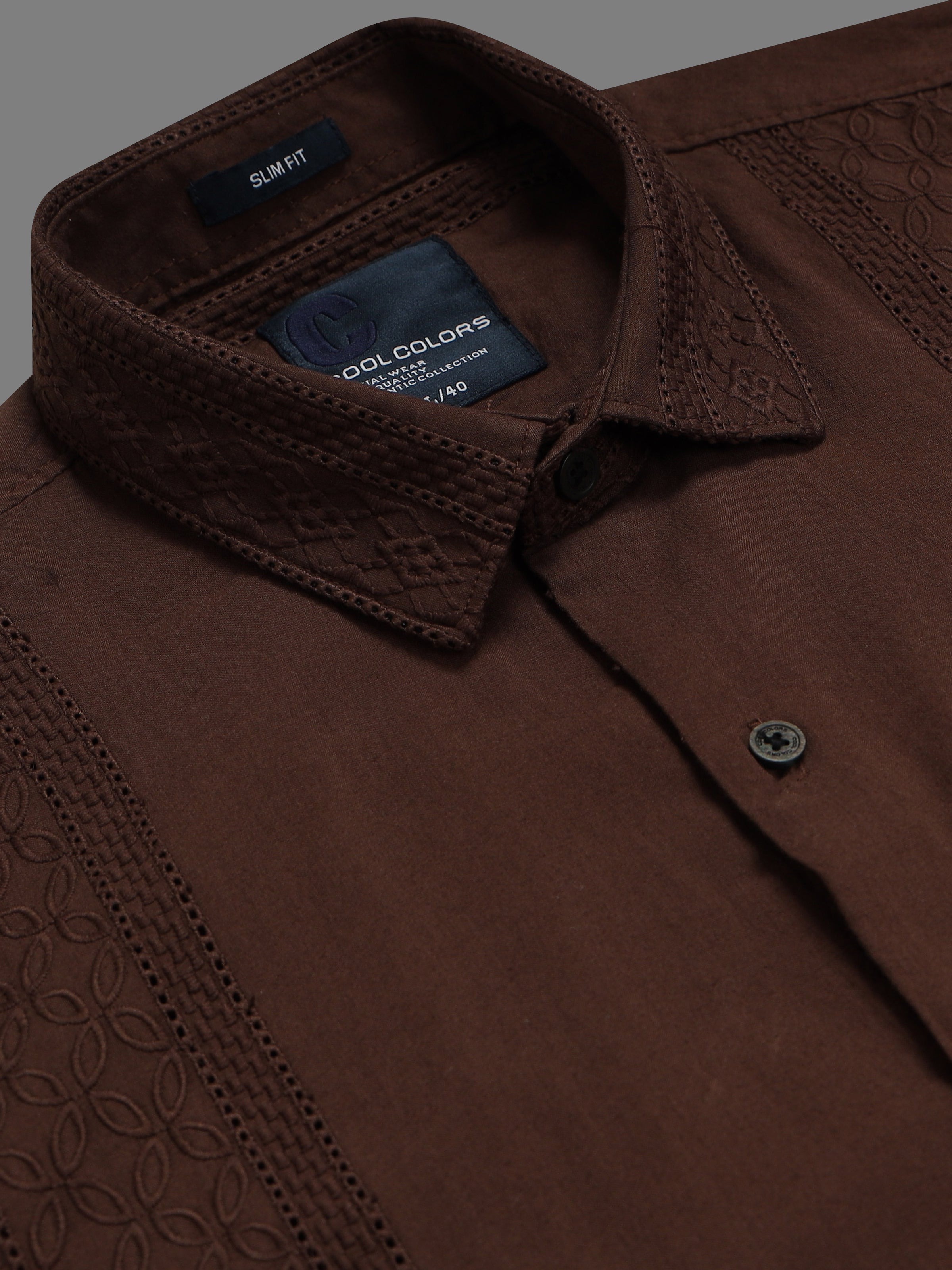 Men Brown Slim Fit Embroidered Full Sleeve Casual Shirt