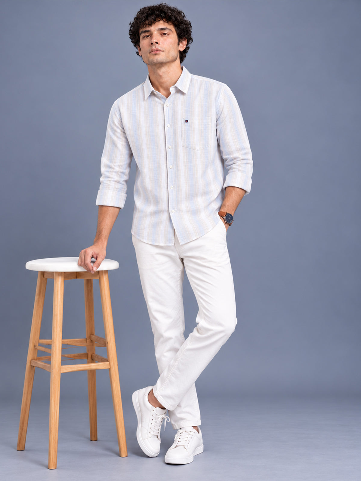 Men Light Grey Slim Fit Striped Casual Shirt