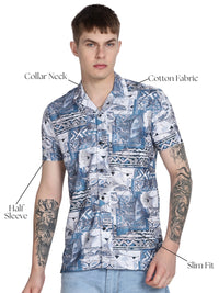 Blue Abstract Floral Print Slim Fit Half Sleeve Cuban Collar Shirt