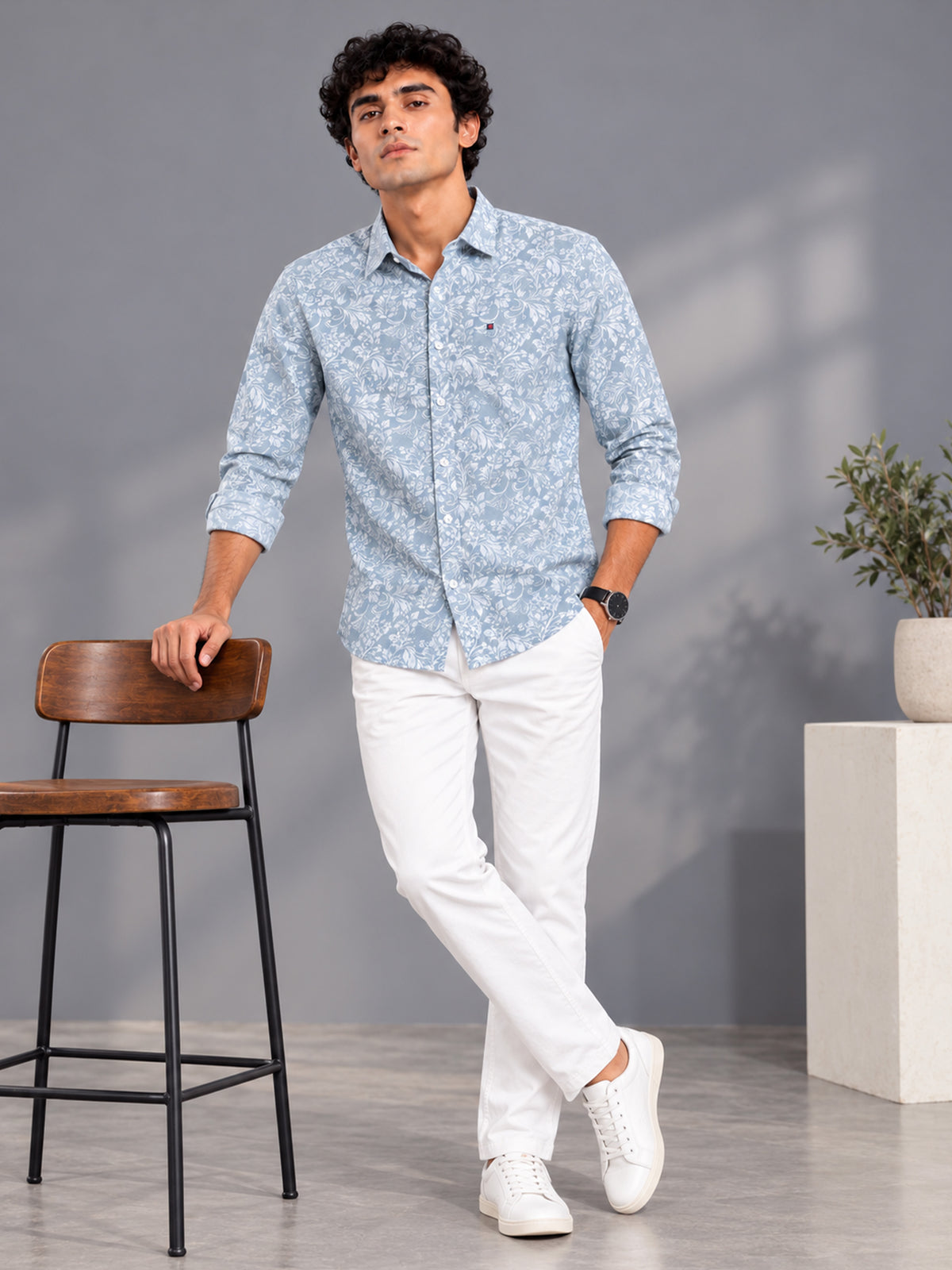 Men's Pista Green Slim Fit Floral Printed Casual Shirt
