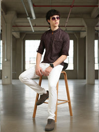 Men Maroon Slim Fit Printed Full Sleeve Casual Kurta Shirt