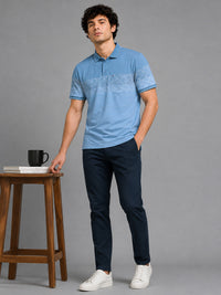 Men Blue Slim Fit Geometric Striped Polo Collar Casual T-Shirt with Chest Pocket