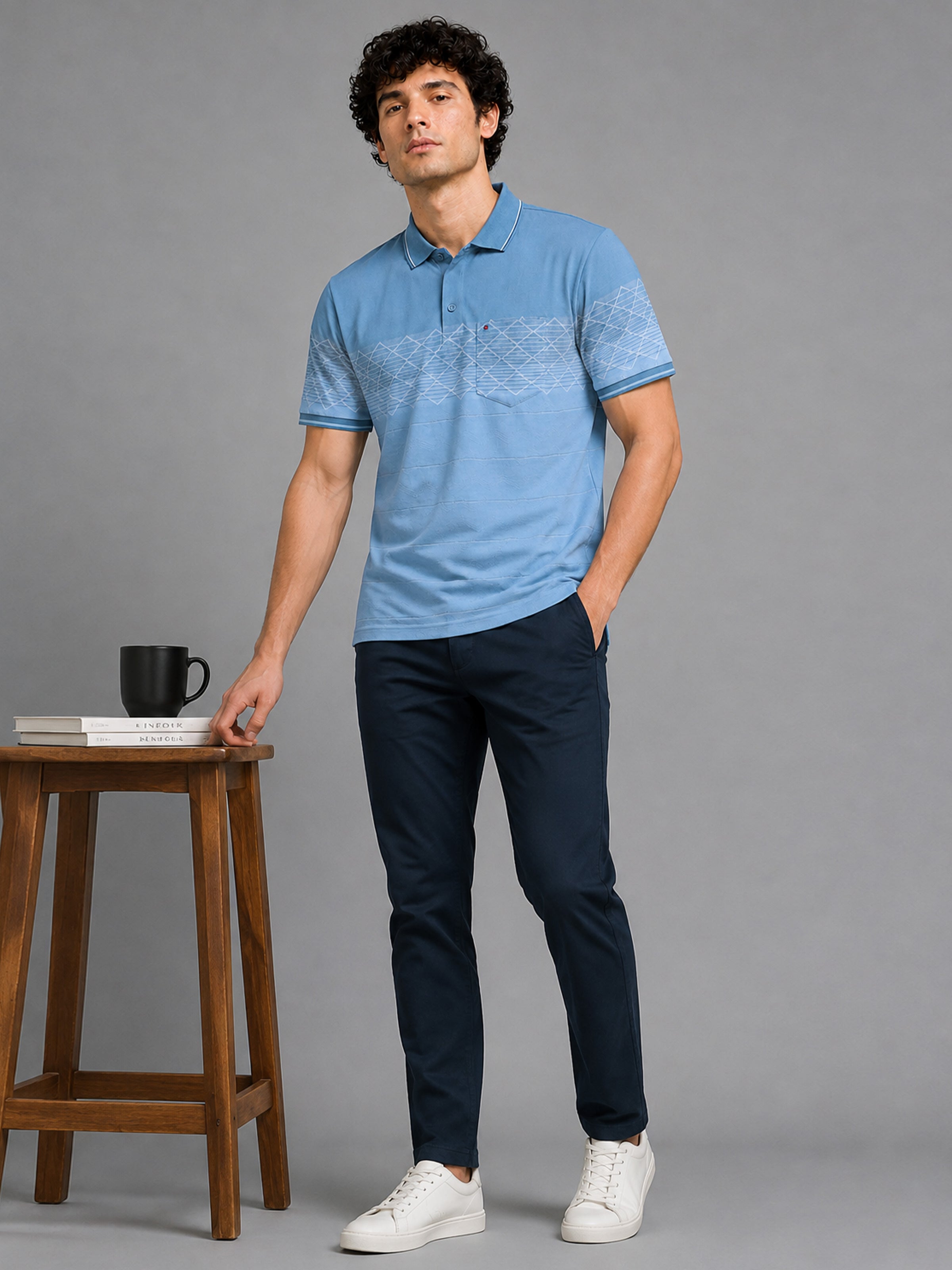 Men Blue Slim Fit Geometric Striped Polo Collar Casual T-Shirt with Chest Pocket