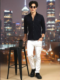 Men Navy Slim Fit Solid Full Sleeve Lycra Casual Shirt