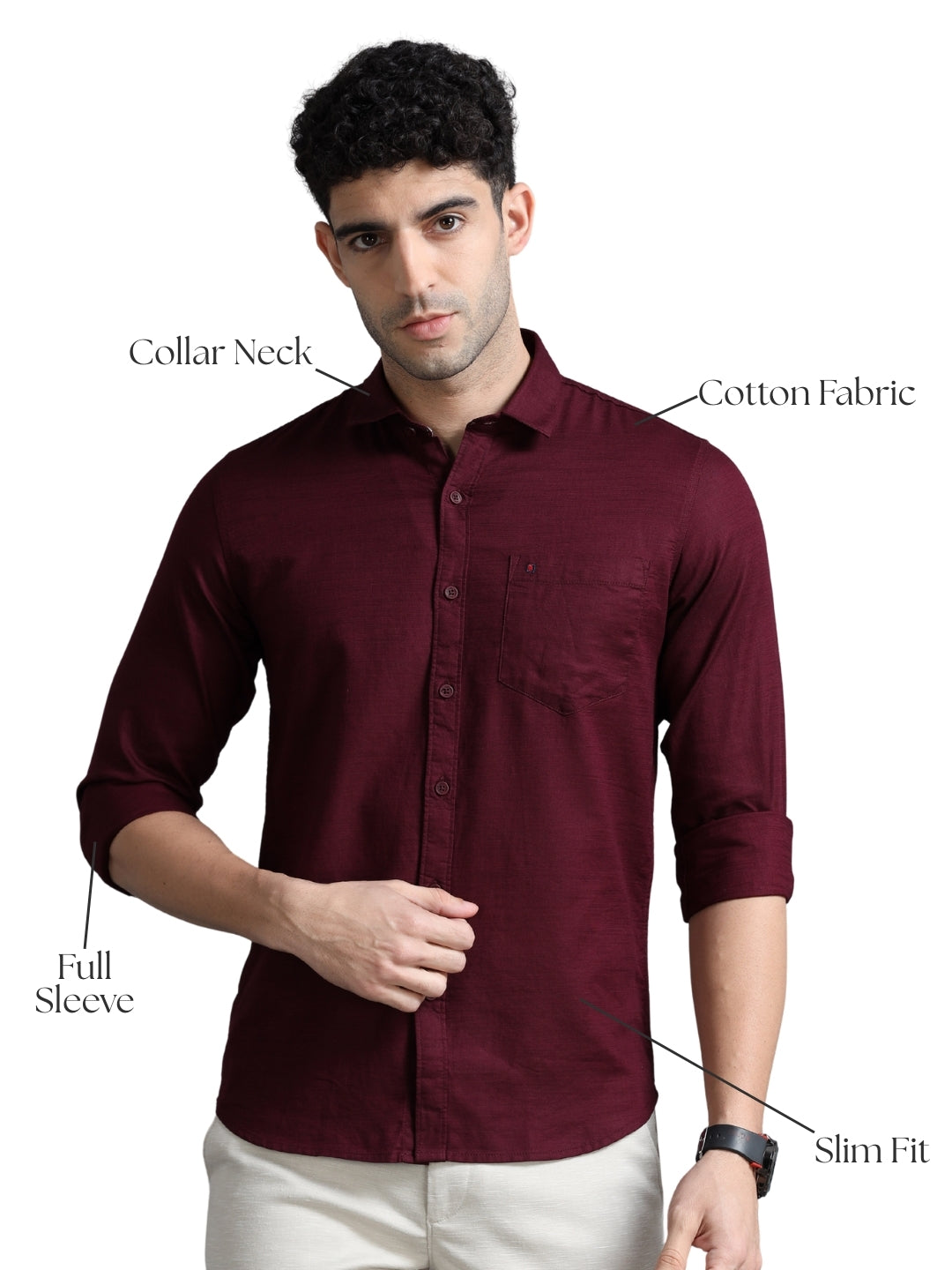 Men Maroon Slim Fit Solid Full Sleeve Casual Shirt
