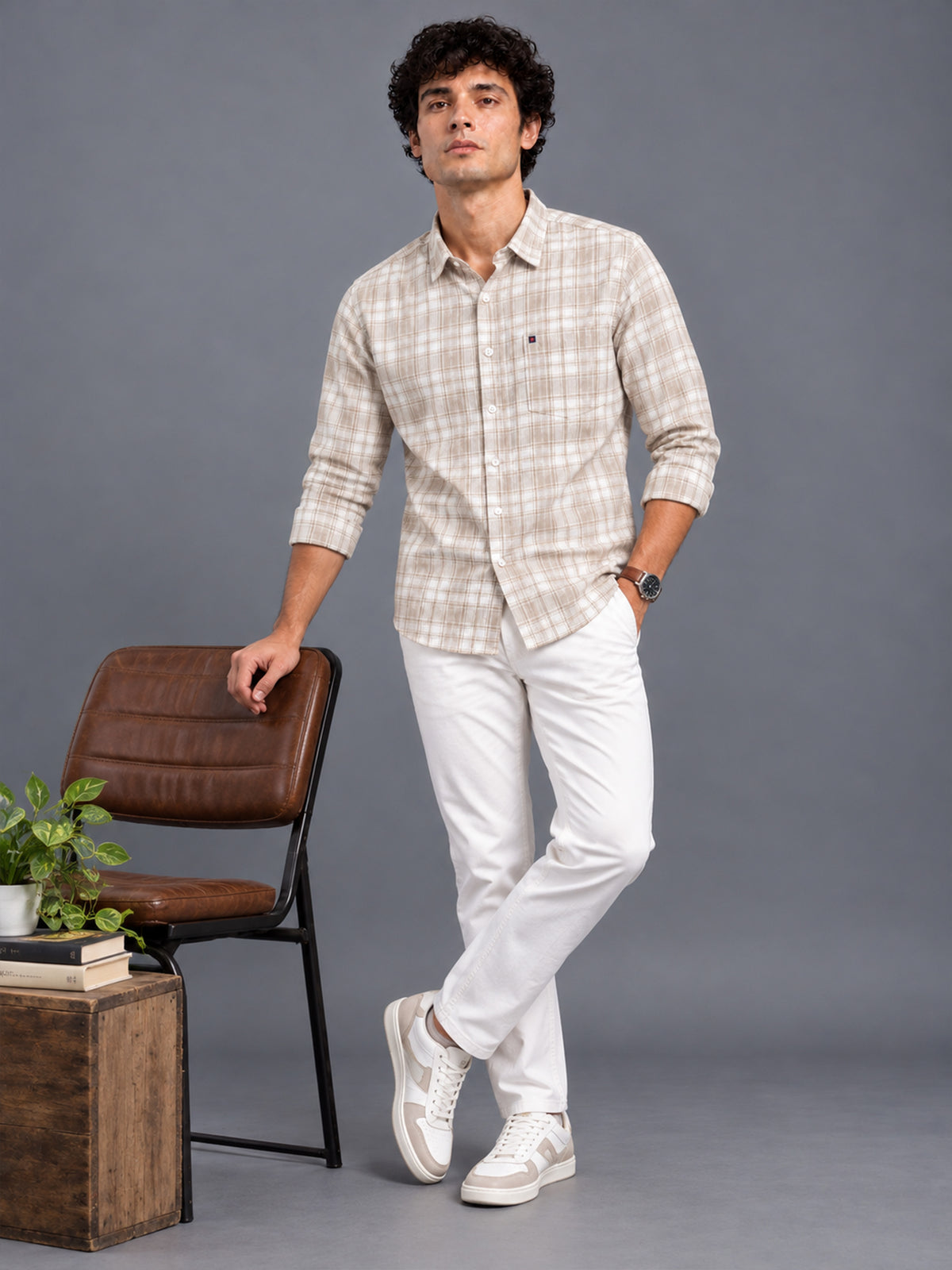 Men’s Beige Windowpane Checked Slim Fit Casual Shirt