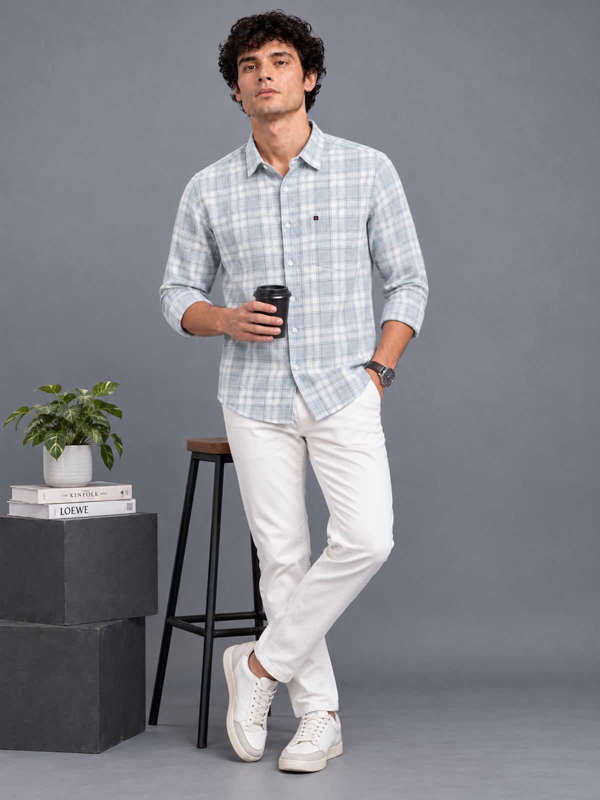Men’s Grey Windowpane Checked Slim Fit Casual Shirt