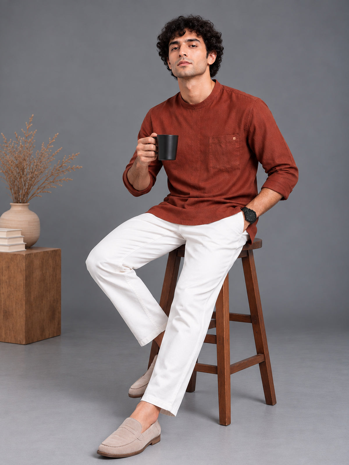 Men Brown Slim Fit Solid Linen Texture Casual Kurta Shirt