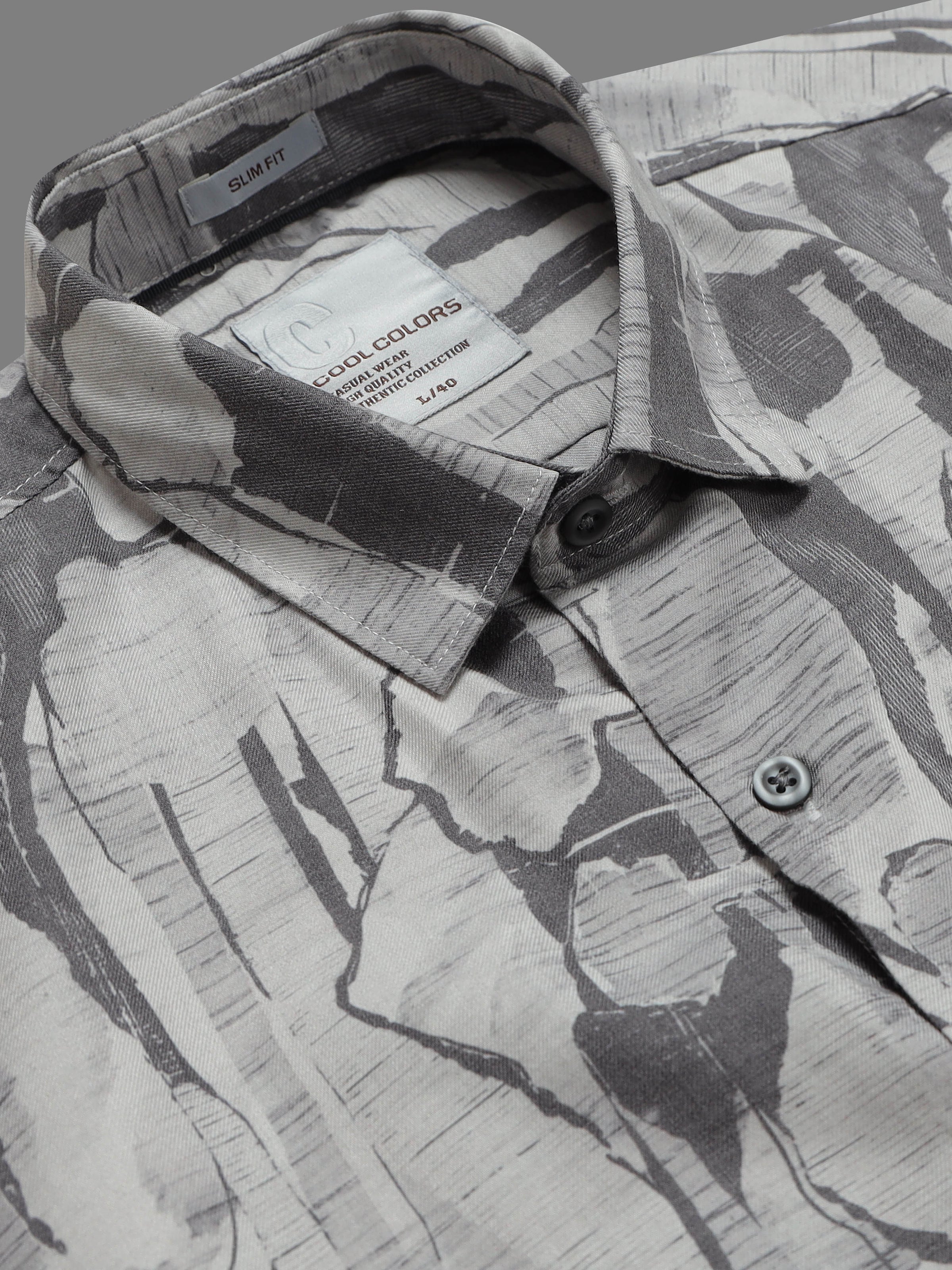 Men Grey Slim Fit Abstract Printed Full Sleeve Casual Shirt