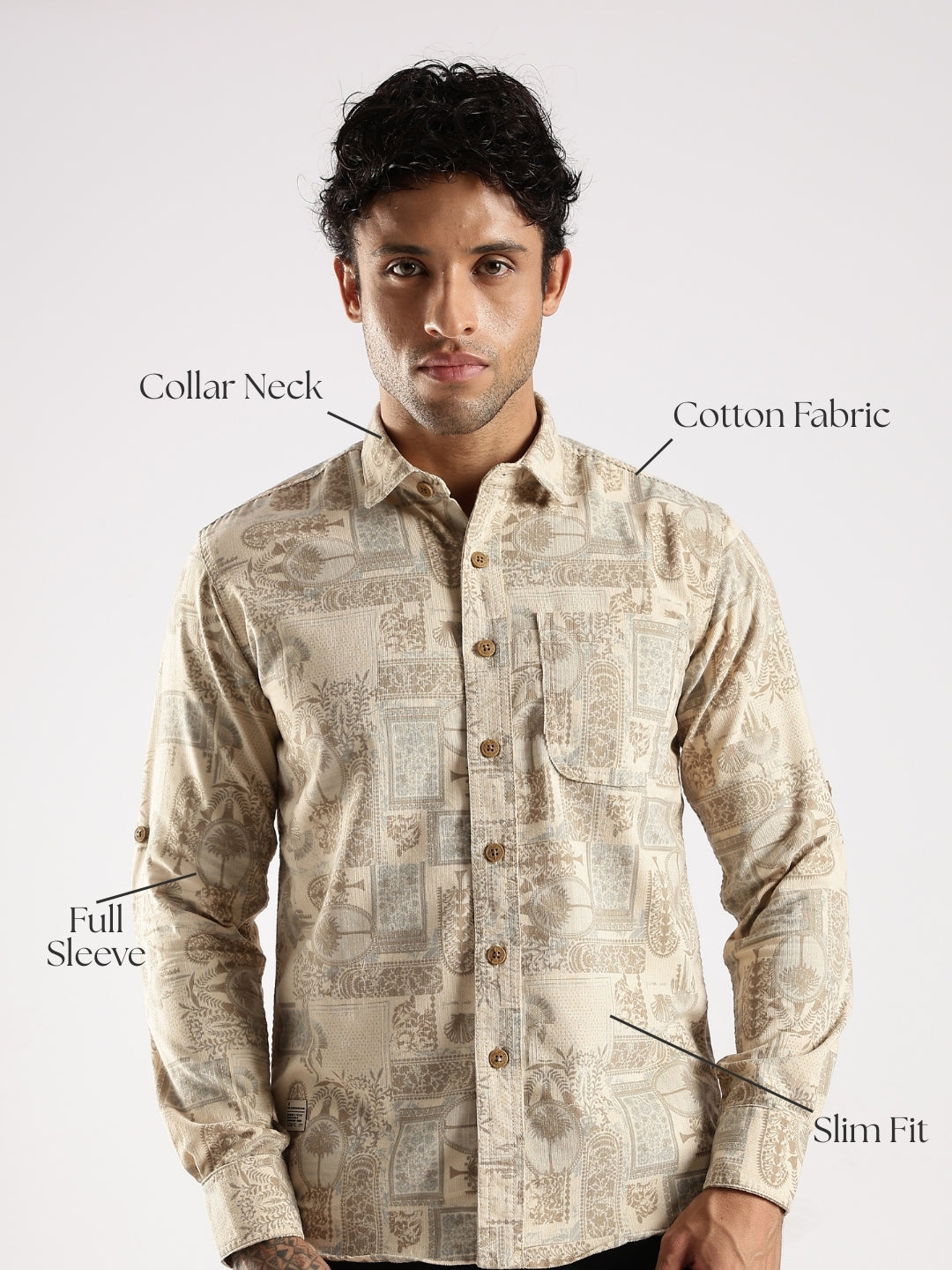 Brown Abstract Floral Print Slim Fit Full Sleeve Shirt