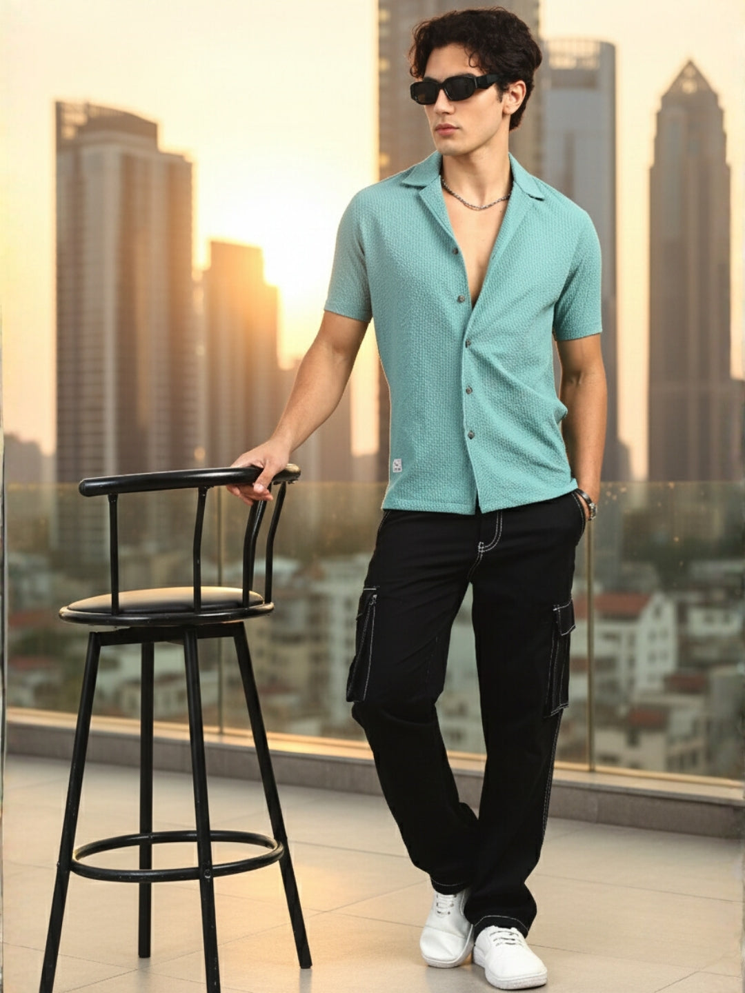 Men Blue Slim Fit Popcorn Half Sleeve Casual Shirt