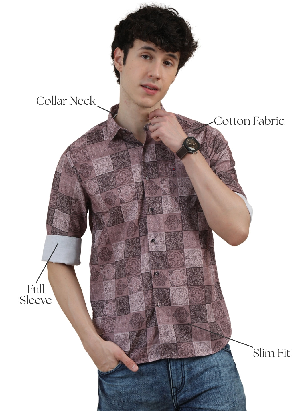 Men Dark Brown Slim Fit Printed Full Sleeve Casual Shirt