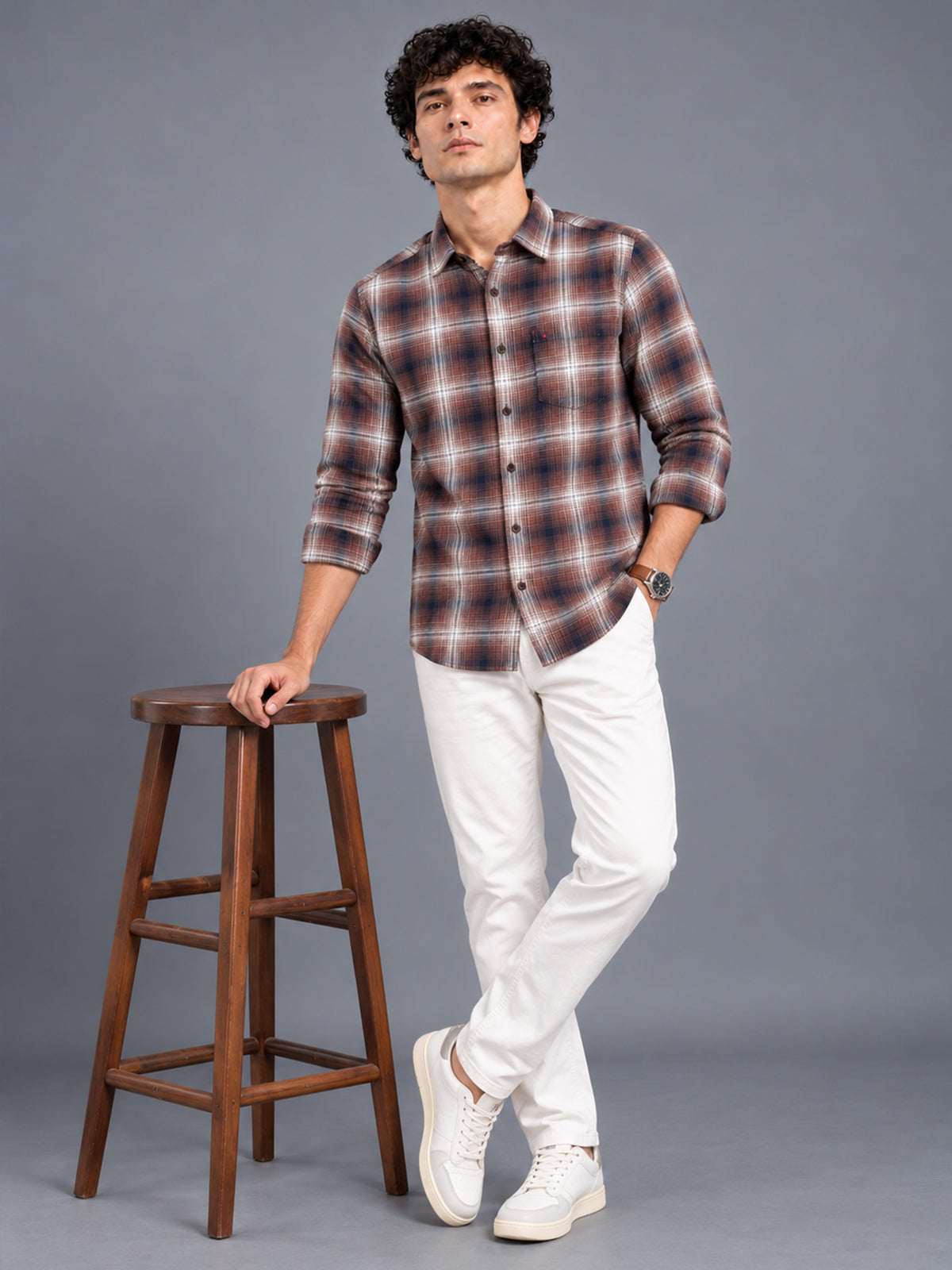 Men's Brown Slim Fit Checkered Casual Shirt