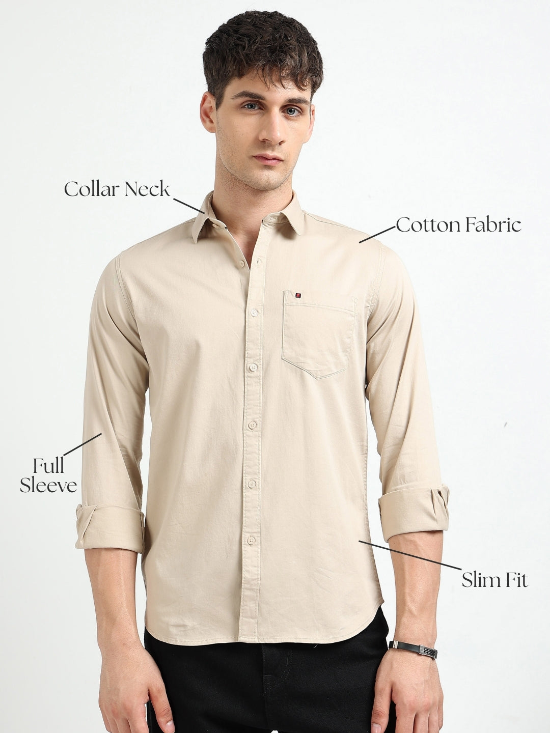 Beige Solid Slim Fit Casual Shirts
