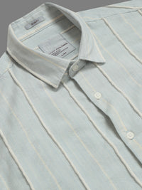 Men Sky Blue Slim Fit Textured Striped Full Sleeve Casual Shirt